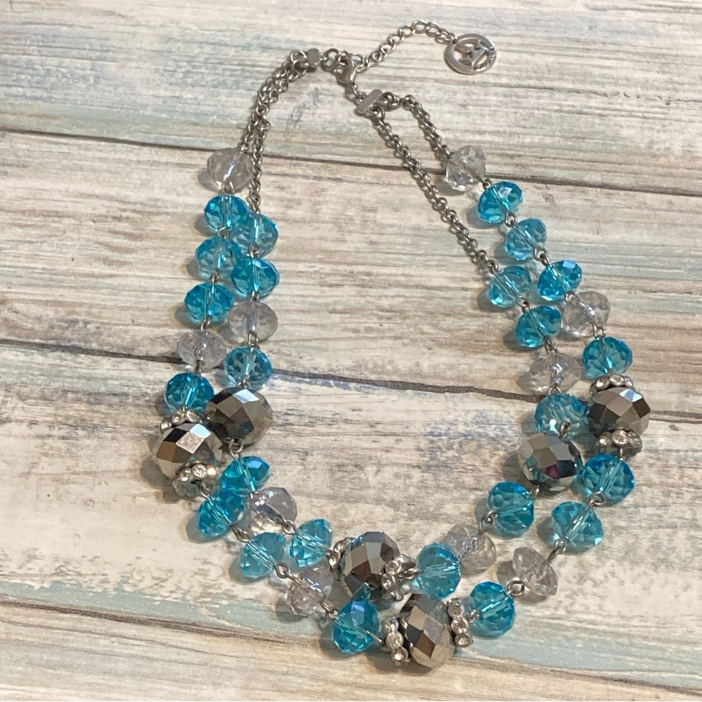 Crown Trifari Blue Faceted Glass Beads Necklace 16" GunMetal Gray Mint Condition